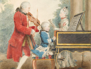 Mozart family on tour: Leopold, Wolfgang, Nannerl; watercolour by Carmontelle, c. 1763